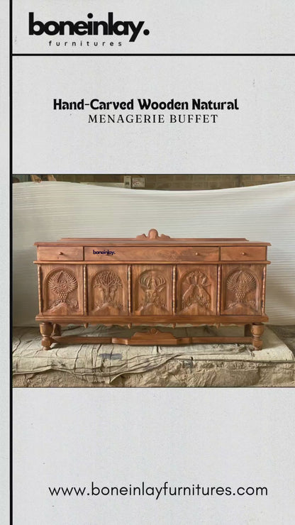 This video highlights a handcrafted wooden buffet with a natural honey-brown finish, featuring five arched door panels meticulously hand-carved with a menagerie of wildlife motifs, including an owl, a stag, and a majestic tree. The buffet is designed with three top drawers and spacious internal shelving, blending rustic craftsmanship with practical storage. Set in an artisanal workshop, the video showcases the rich wood grain and intricate details, positioning this piece as a sophisticated focal point for a