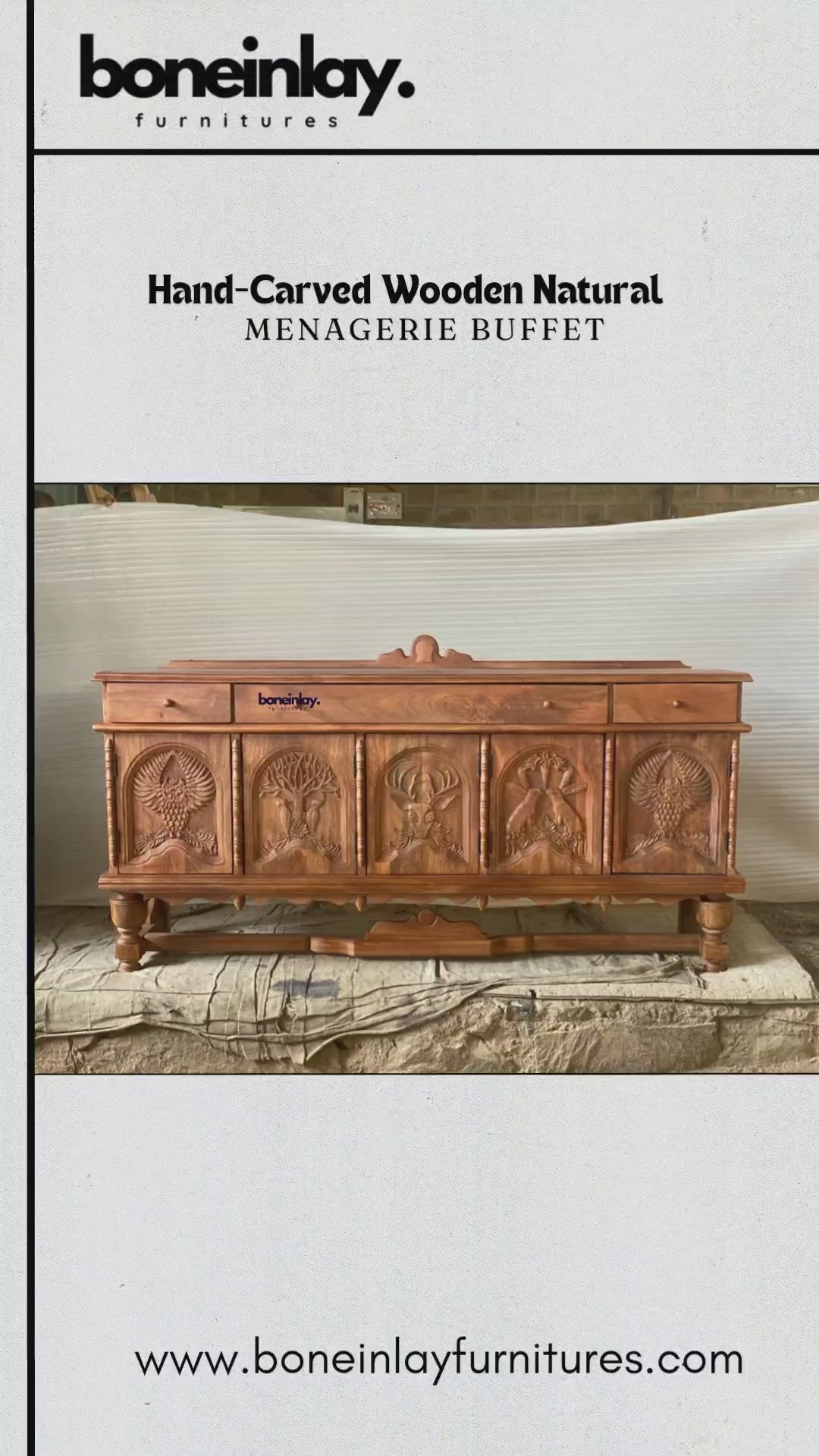 This video highlights a handcrafted wooden buffet with a natural honey-brown finish, featuring five arched door panels meticulously hand-carved with a menagerie of wildlife motifs, including an owl, a stag, and a majestic tree. The buffet is designed with three top drawers and spacious internal shelving, blending rustic craftsmanship with practical storage. Set in an artisanal workshop, the video showcases the rich wood grain and intricate details, positioning this piece as a sophisticated focal point for a