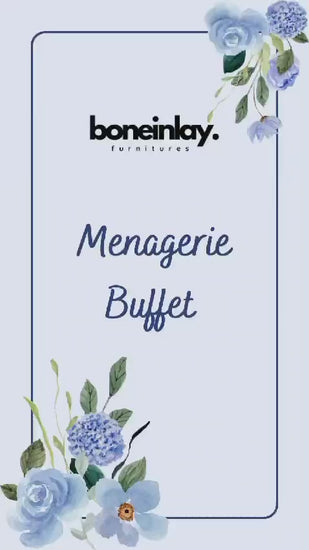 This video showcases a handcrafted wooden buffet in a light, distressed white-wash finish, featuring five arched door panels meticulously detailed with a wildlife menagerie motif. The intricate hand-carved designs—including an owl, a stag, and a central tree—are highlighted alongside functional elements like spacious top drawers and internal shelving. Set against a minimalist backdrop with floral graphics, the video emphasizes the artisanal quality and customizability of this statement storage piece for hig