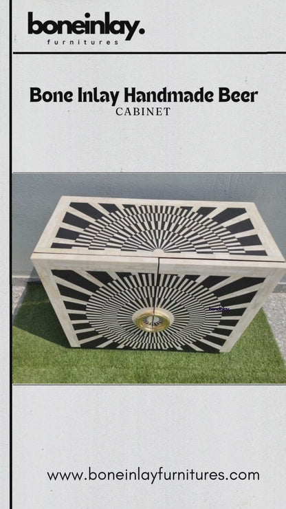 Product video featuring a black bar cabinet with optical sunburst bone inlay, two doors, and oversized circular gold-finished handles.