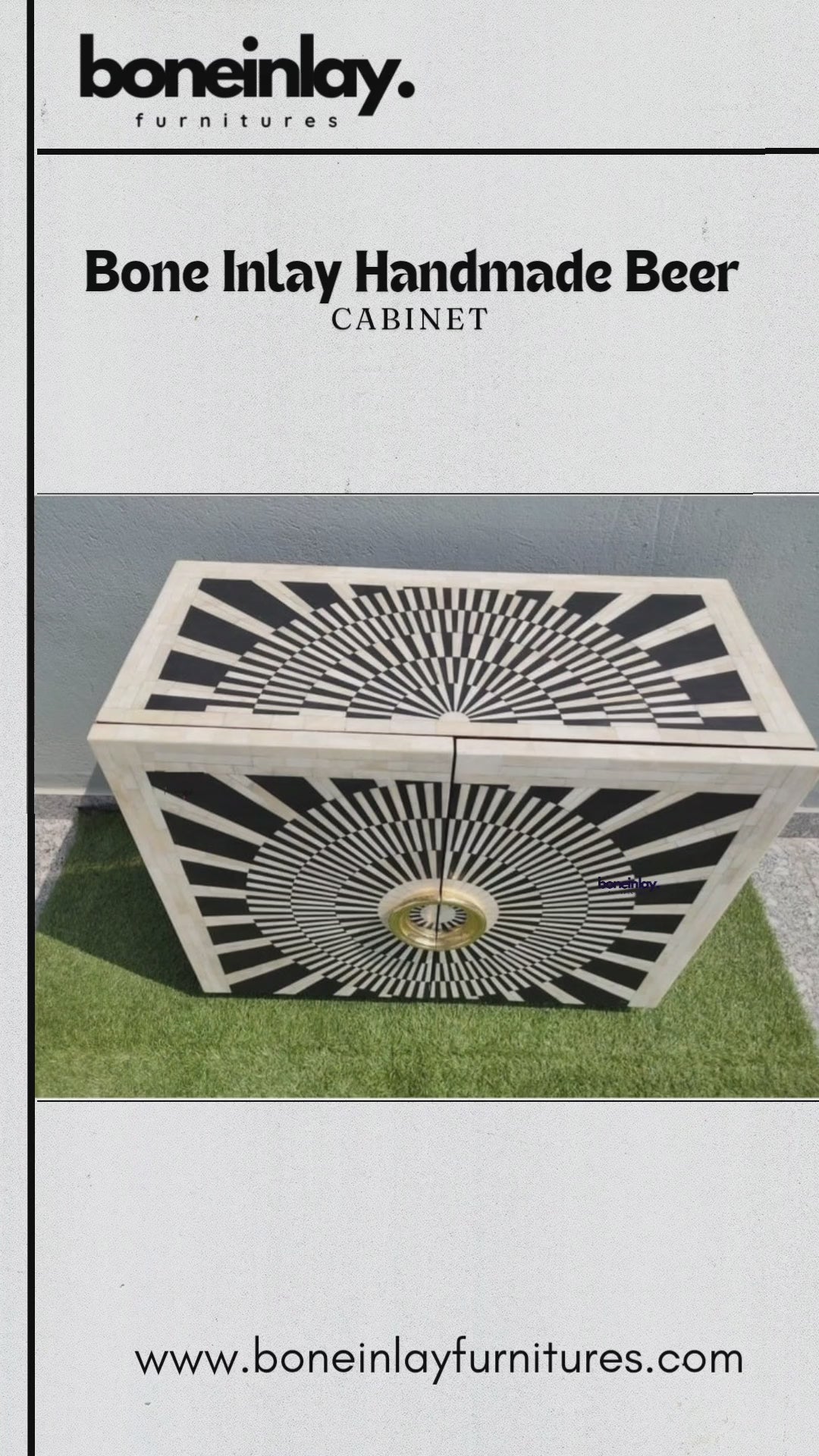 Product video featuring a black bar cabinet with optical sunburst bone inlay, two doors, and oversized circular gold-finished handles.