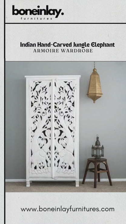 Indian Hand-Carved Jungle Elephant Armoire Wardrobe – White Eclectic Armoires Wardrobes