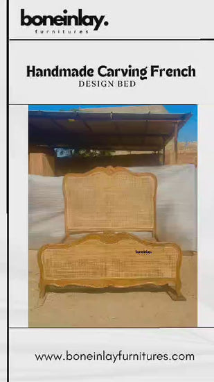 A showcase video of a handmade French-style provincial bed frame featuring intricate hand-carved floral detailing on the light-toned solid wood headboard and footboard. The bed includes high-quality natural cane (rattan) weaving on the panels, a sturdy slatted wooden base, and curved cabriole legs. The video pans across the artisanal craftsmanship of the bed set, displayed in an outdoor workshop setting, and concludes with a promotional slide offering free worldwide delivery and customization options from b