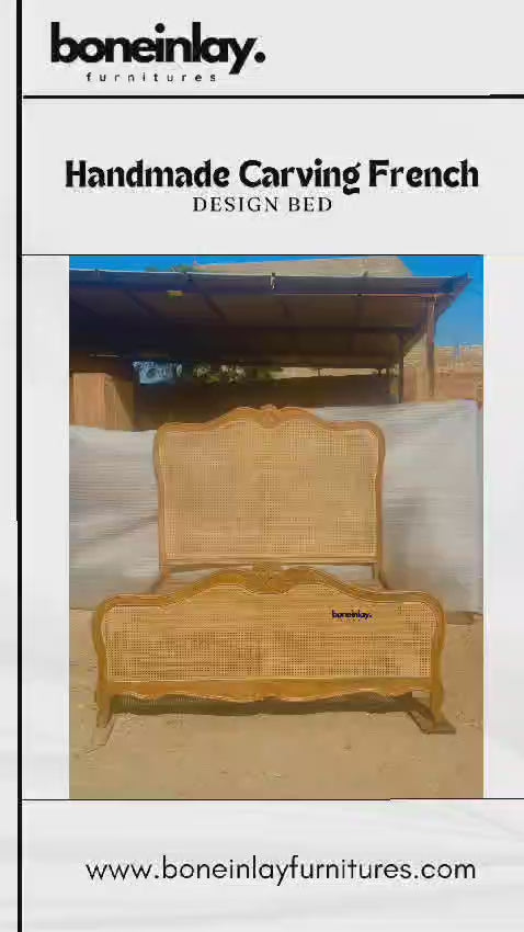 A showcase video of a handmade French-style provincial bed frame featuring intricate hand-carved floral detailing on the light-toned solid wood headboard and footboard. The bed includes high-quality natural cane (rattan) weaving on the panels, a sturdy slatted wooden base, and curved cabriole legs. The video pans across the artisanal craftsmanship of the bed set, displayed in an outdoor workshop setting, and concludes with a promotional slide offering free worldwide delivery and customization options from b