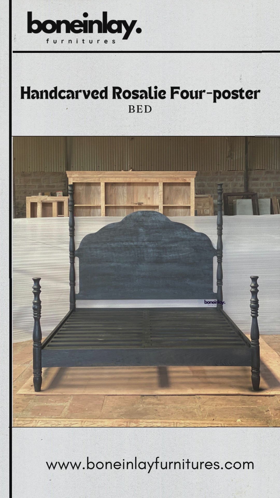 An elegant four-poster bed frame finished in a distressed matte black. The bed features a scalloped, farmhouse-style headboard and intricately turned posts that add a touch of classic craftsmanship. The frame includes a sturdy wooden slat base, blending a bold, moody aesthetic with traditional furniture design.