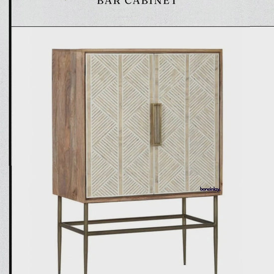 Vertical product video presenting the handmade two-door bone inlay bar cabinet, highlighting its ivory diagonal linear diamond pattern, natural wood-toned finish, long handles, and raised metal stand.