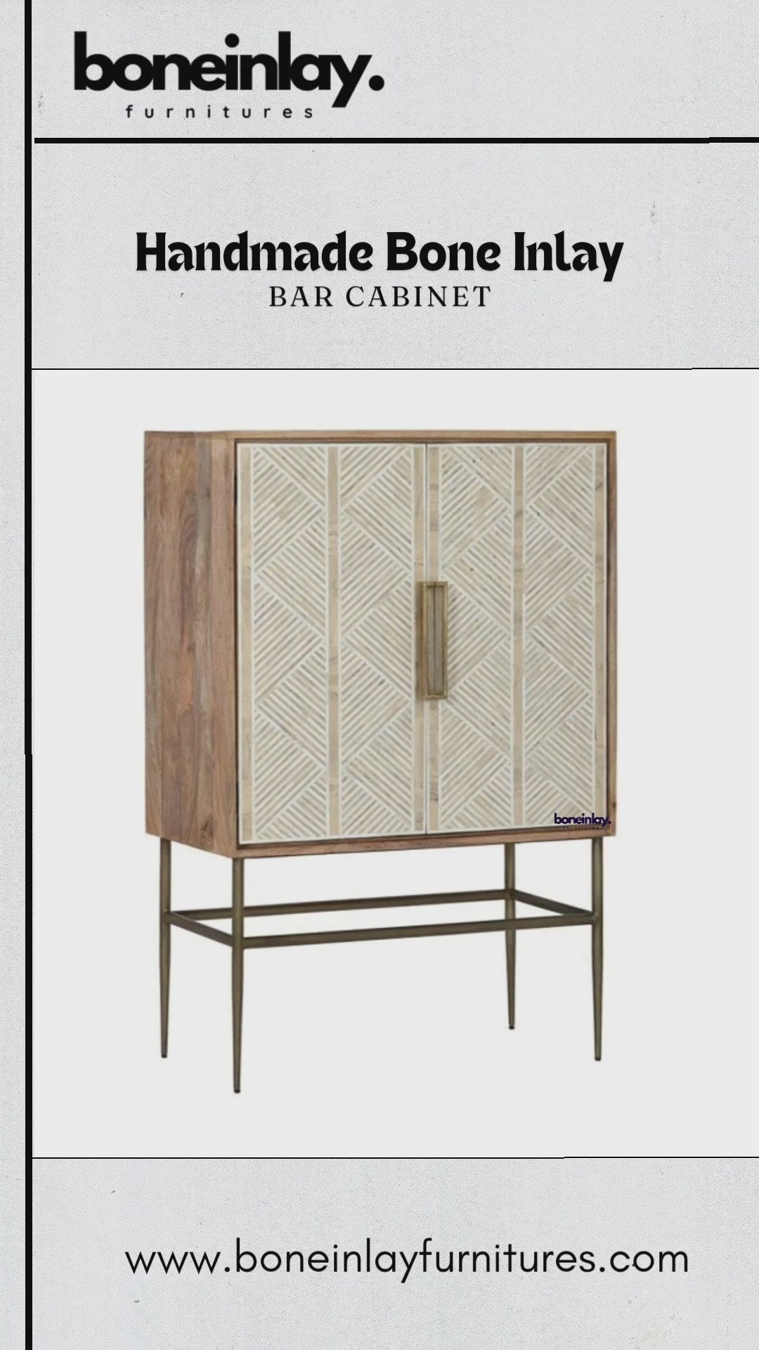 Vertical product video presenting the handmade two-door bone inlay bar cabinet, highlighting its ivory diagonal linear diamond pattern, natural wood-toned finish, long handles, and raised metal stand.
