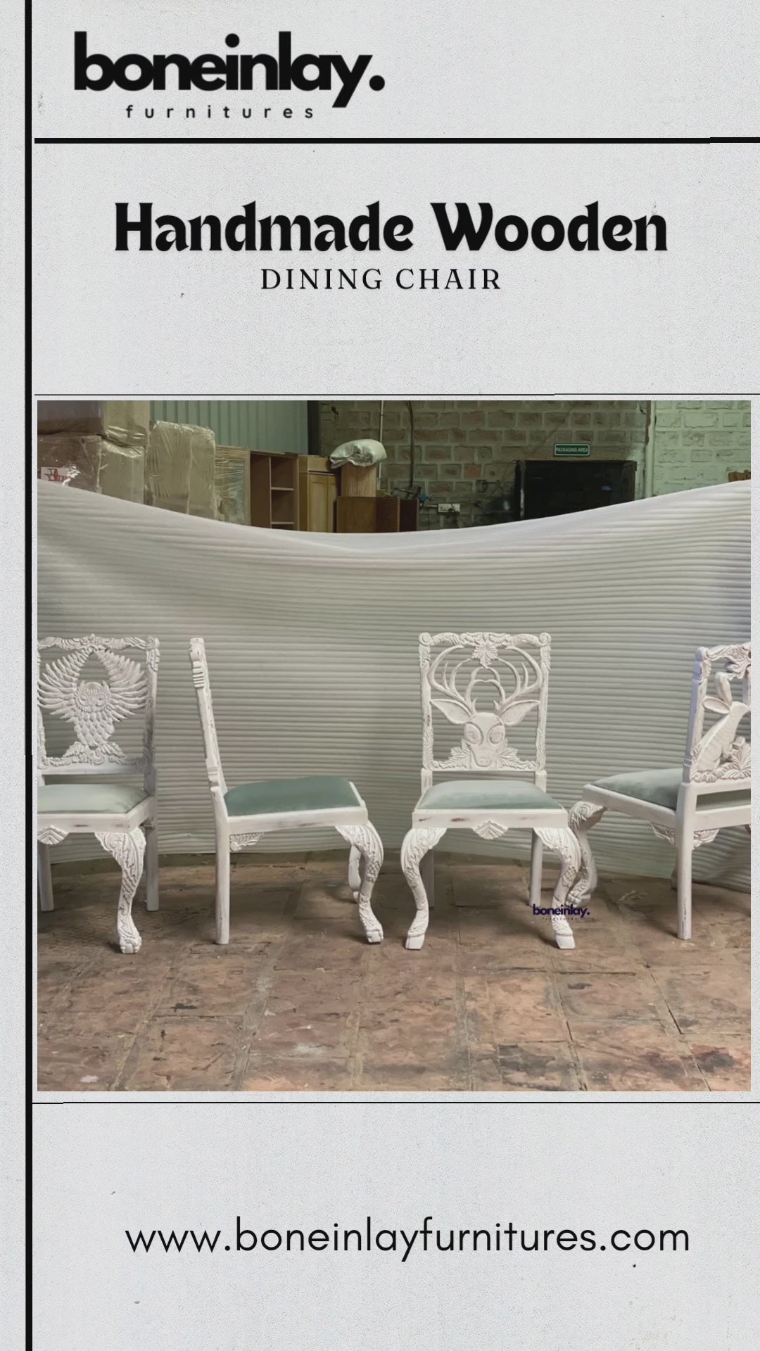 The video showcases intricately hand-carved wooden dining chairs, each featuring a unique animal or nature-inspired motif on the backrest, including an owl, a deer, a tree, and a rabbit. The chairs are painted in a distressed white finish with soft sage green cushioned seats, blending rustic charm with artistic craftsmanship. The scenes highlight the fine detailing of the carvings and the overall elegant design suitable for a menagerie-themed dining space.