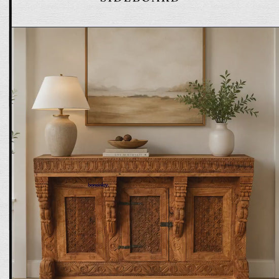 Hand-carved Indian solid wood Damchiya sideboard featuring deep-relief floral and ethnic Rajasthani motifs, natural walnut finish, and traditional artisan craftsmanship — ideal for dining rooms and heritage-inspired interiors.