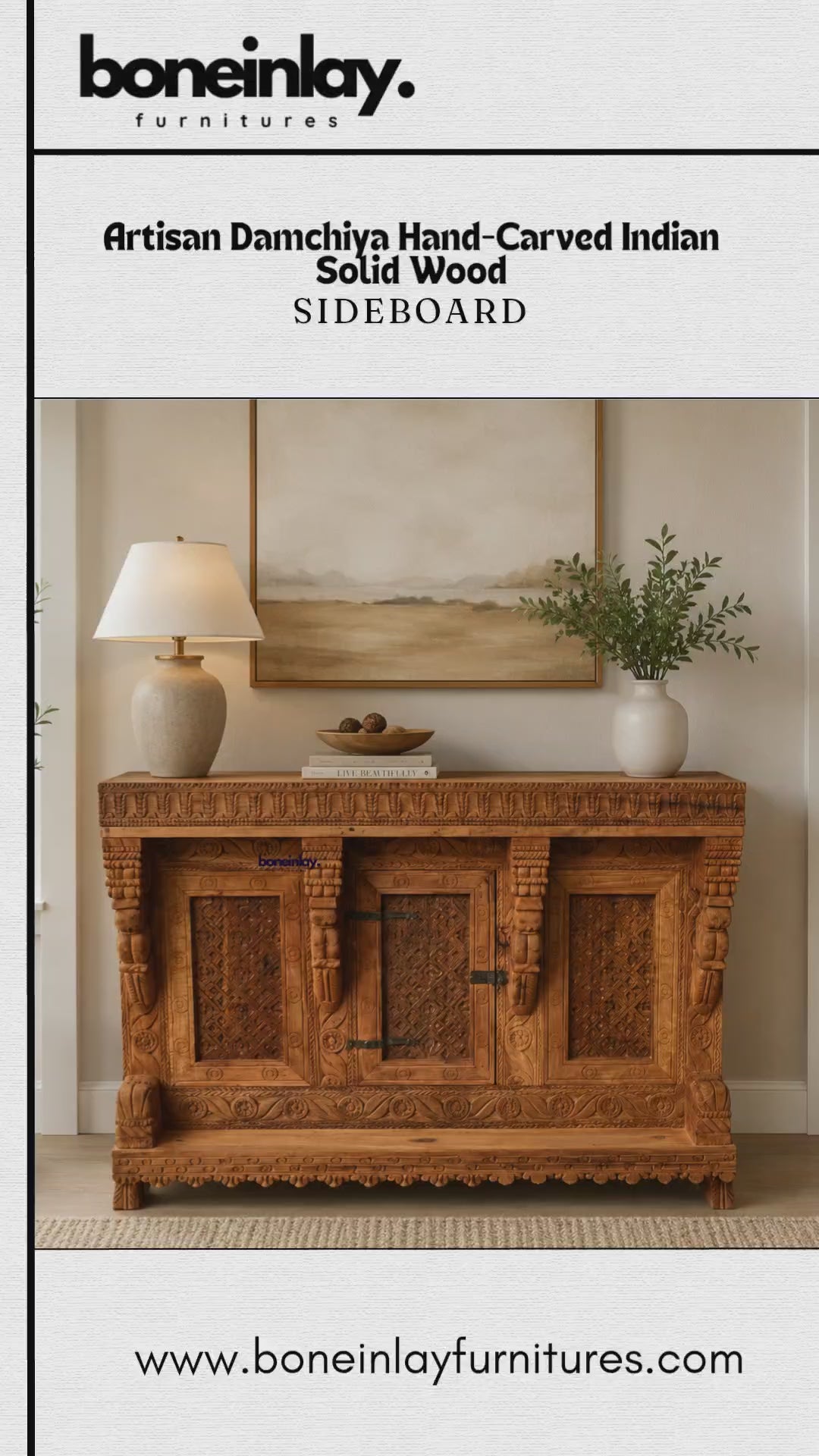 Hand-carved Indian solid wood Damchiya sideboard featuring deep-relief floral and ethnic Rajasthani motifs, natural walnut finish, and traditional artisan craftsmanship — ideal for dining rooms and heritage-inspired interiors.