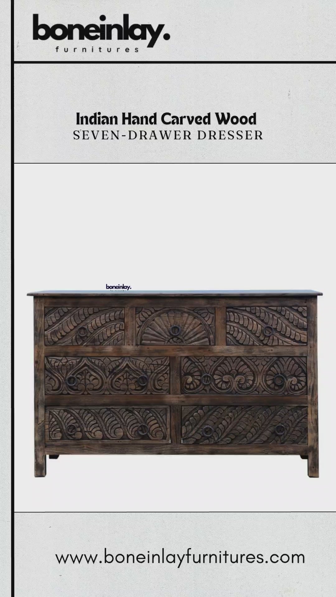 The dresser features a rich, dark wood finish with intricate hand-carved floral and fan-like motifs across all seven drawers.
A hand is shown opening one of the top drawers to demonstrate the smooth functionality and solid wood interior. 