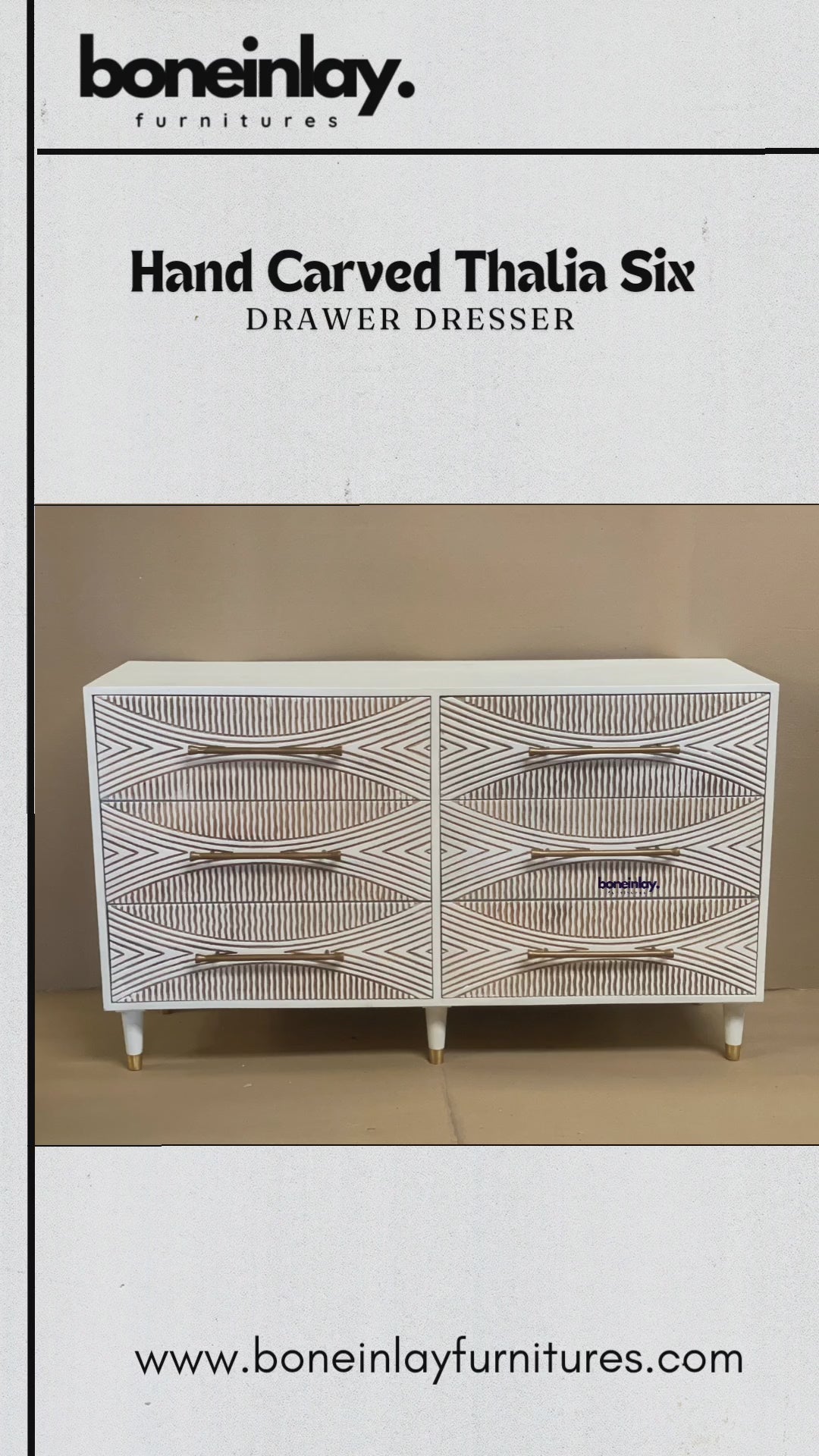 A modern six-drawer white dresser with intricate hand-carved geometric sunburst patterns on each drawer front. The piece features long gold horizontal handles and stands on four white tapered legs with gold metal tips. The high-relief carving creates a textured, two-tone effect between the white surface and natural wood grooves.