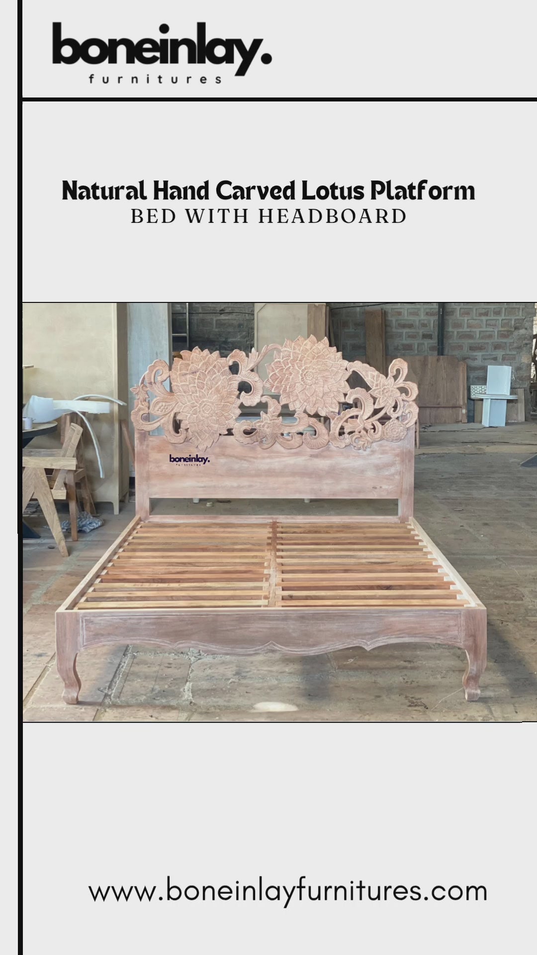 A showcase video of a "Natural Hand Carved Lotus Platform Bed." The video begins with close-up shots of the deep, 3D relief carving on the headboard, highlighting the petal textures and artisan chisel marks. It then pans out to show the full queen-size platform frame in a workshop setting. The wood has a light, raw finish, emphasizing the organic grain. The design includes a sturdy slatted support system and elegant, scalloped side rails that lead into subtly curved legs.