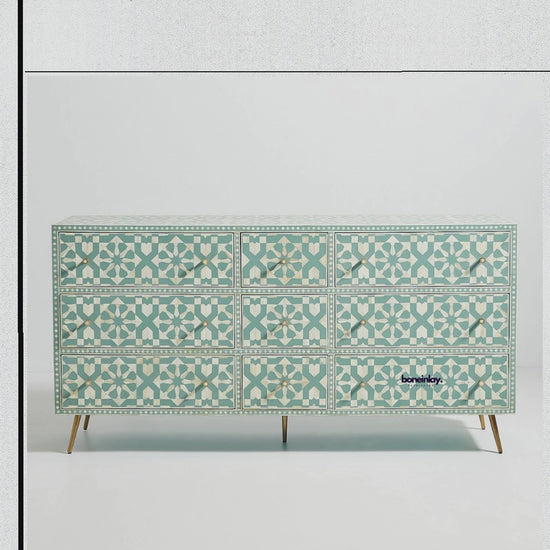 Handmade bone inlay Moroccan dresser with nine drawers, shown in a vertical product video highlighting the full cabinet, geometric inlay across the drawer fronts, top surface, legs and storage design.