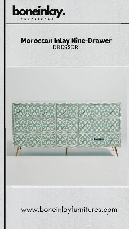 Handmade bone inlay Moroccan dresser with nine drawers, shown in a vertical product video highlighting the full cabinet, geometric inlay across the drawer fronts, top surface, legs and storage design.