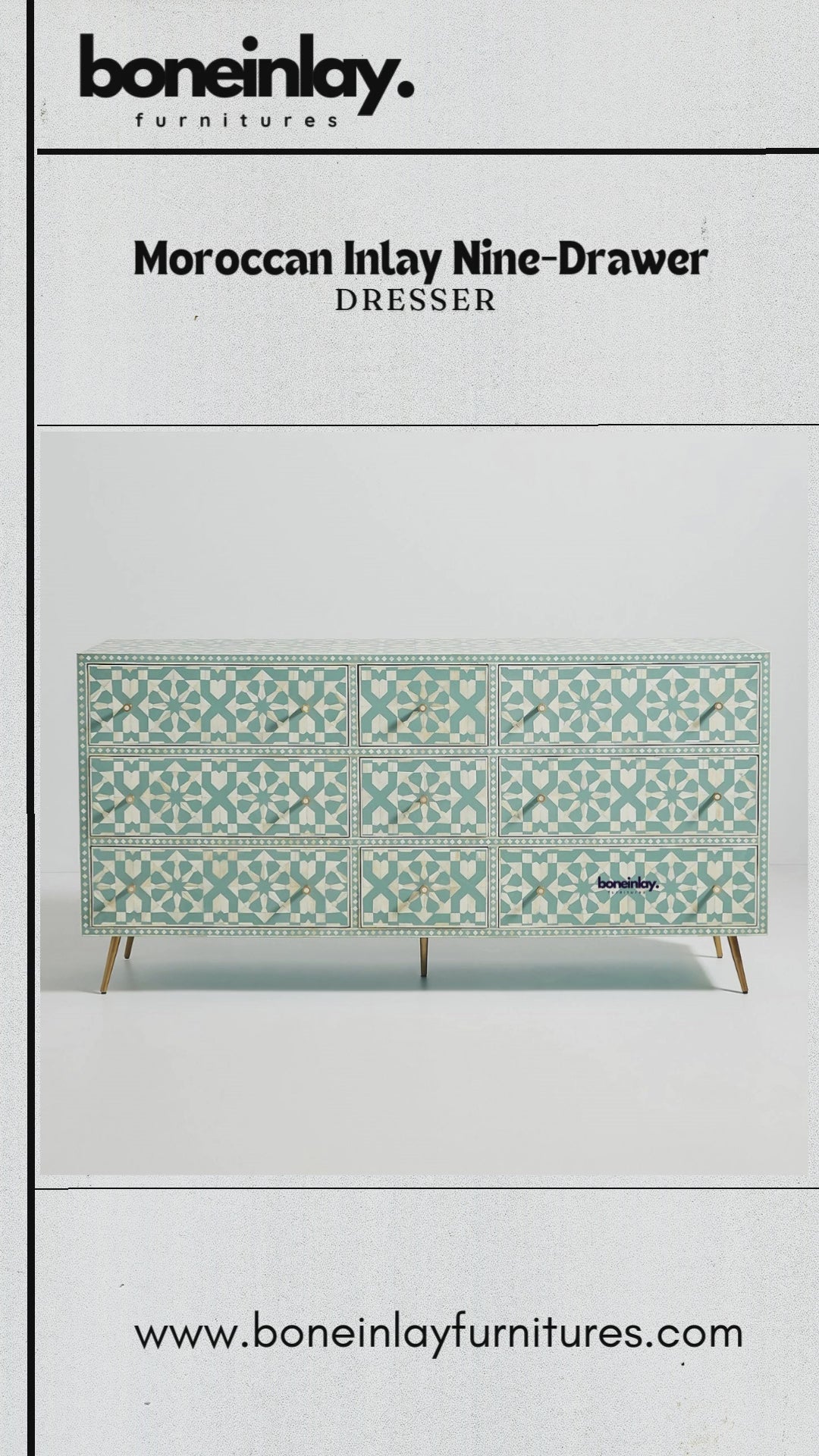 Handmade bone inlay Moroccan dresser with nine drawers, shown in a vertical product video highlighting the full cabinet, geometric inlay across the drawer fronts, top surface, legs and storage design.