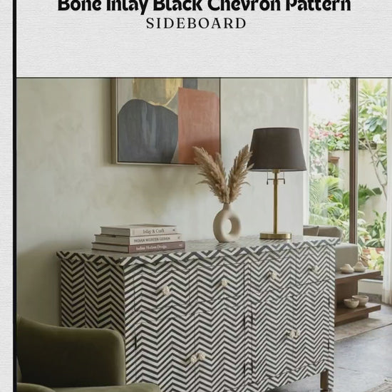 Handmade Bone Inlay Black Chevron Pattern Sideboard Cabinet featuring intricate geometric design, storage drawers, and doors, placed in a modern UK room interior setting.