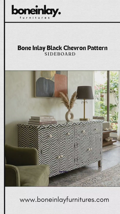 Handmade Bone Inlay Black Chevron Pattern Sideboard Cabinet featuring intricate geometric design, storage drawers, and doors, placed in a modern UK room interior setting.
