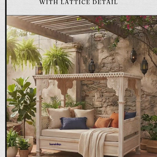 canopy daybed featuring intricate lattice geometric panels and detailed floral accents. The video highlights the fine craftsmanship and off-white distressed finish up close. Ideal for adding a touch of traditional elegance and royal charm to modern living spaces.