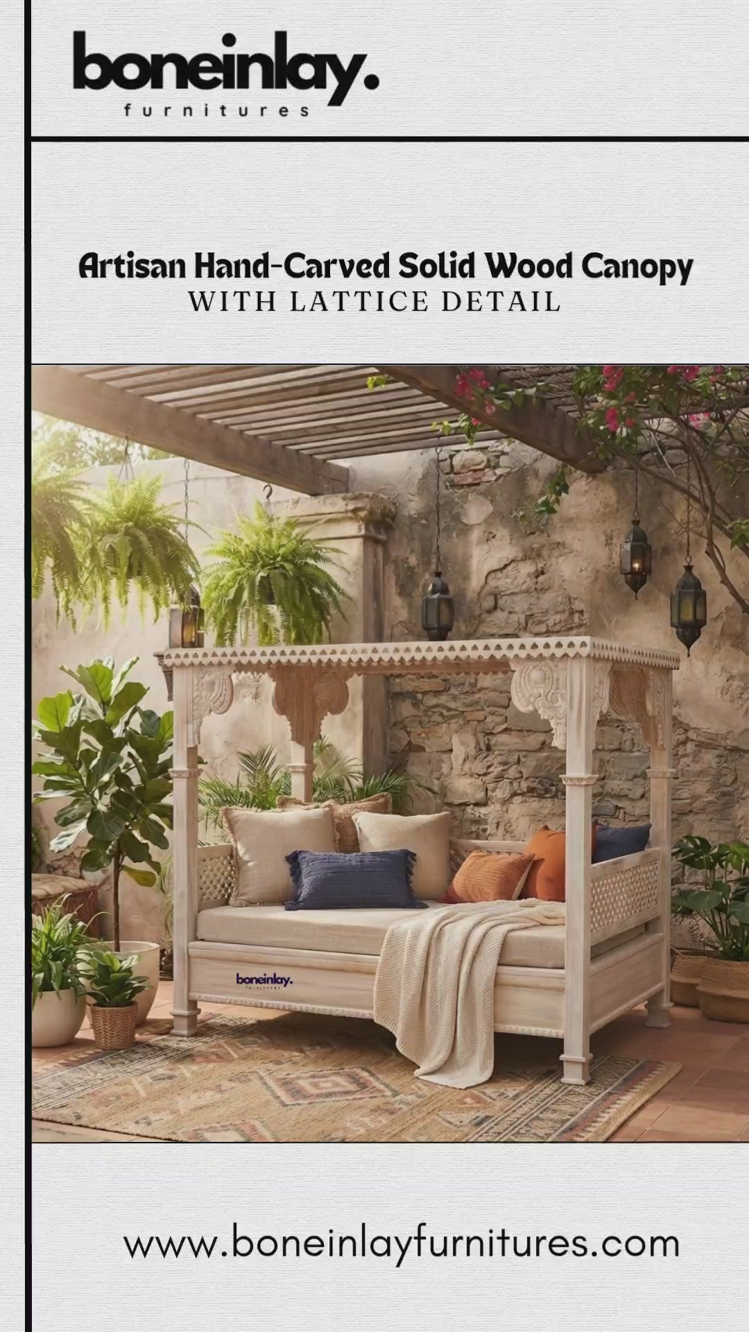 canopy daybed featuring intricate lattice geometric panels and detailed floral accents. The video highlights the fine craftsmanship and off-white distressed finish up close. Ideal for adding a touch of traditional elegance and royal charm to modern living spaces.