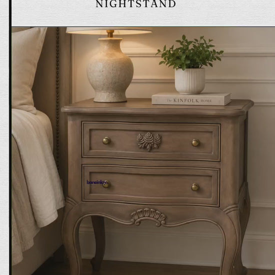 A promotional video showcase for the "Hand Carved French Louis XV Nightstand" by Boneinlay Furnitures.

It showcases a pair of light wood nightstands featuring cabriole legs, carved central floral motifs, and brass drawer knobs.

The video highlights close-up angles, drawer opening functionality, and promotional purchasing perks.