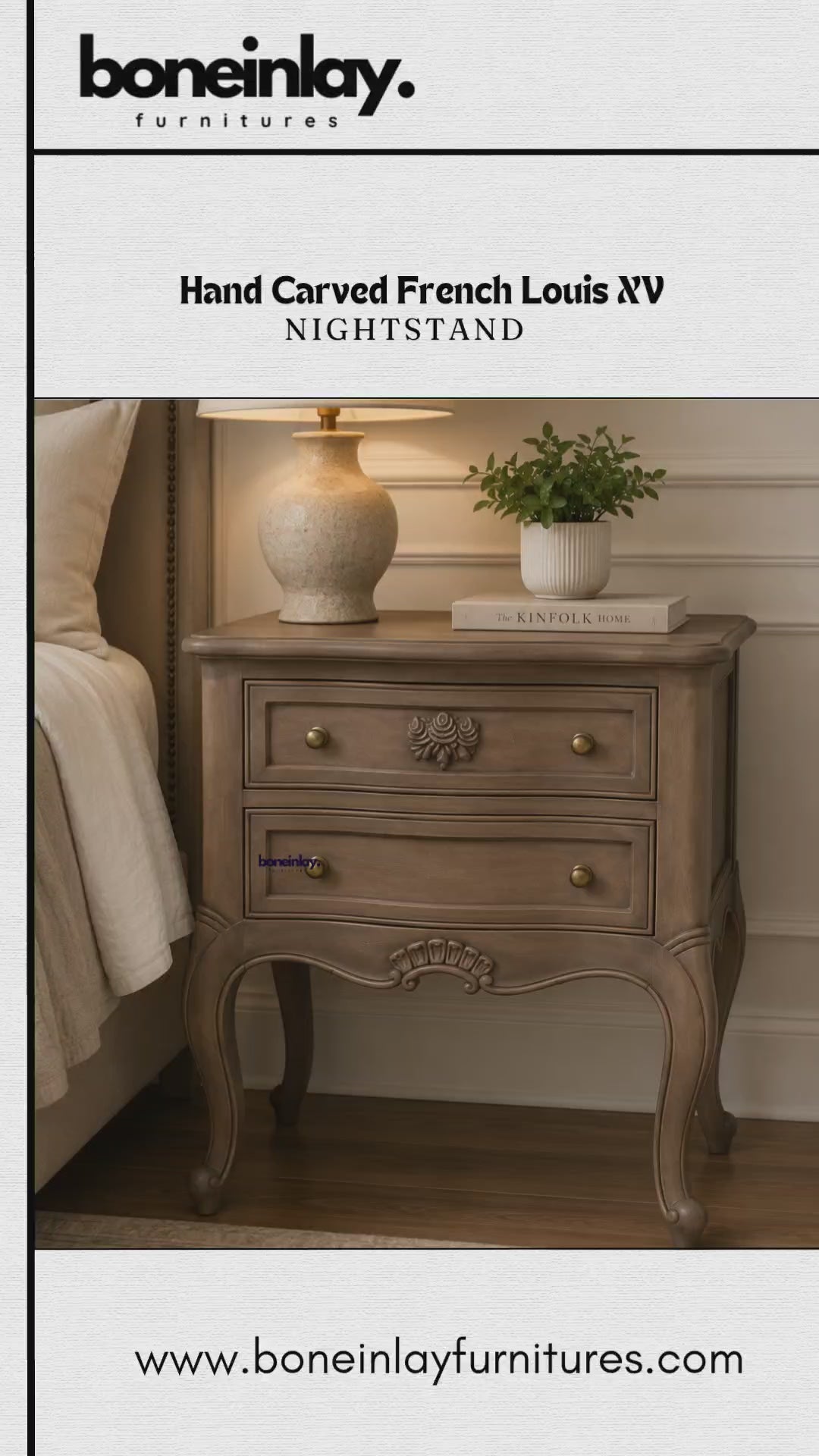 A promotional video showcase for the "Hand Carved French Louis XV Nightstand" by Boneinlay Furnitures.

It showcases a pair of light wood nightstands featuring cabriole legs, carved central floral motifs, and brass drawer knobs.

The video highlights close-up angles, drawer opening functionality, and promotional purchasing perks.