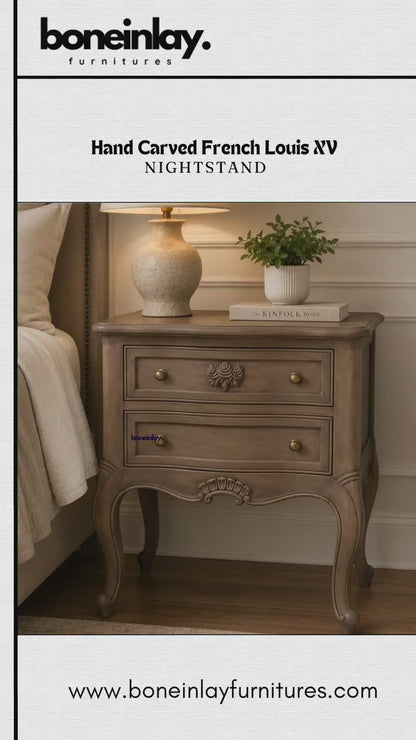 A promotional video showcase for the "Hand Carved French Louis XV Nightstand" by Boneinlay Furnitures.

It showcases a pair of light wood nightstands featuring cabriole legs, carved central floral motifs, and brass drawer knobs.

The video highlights close-up angles, drawer opening functionality, and promotional purchasing perks.
