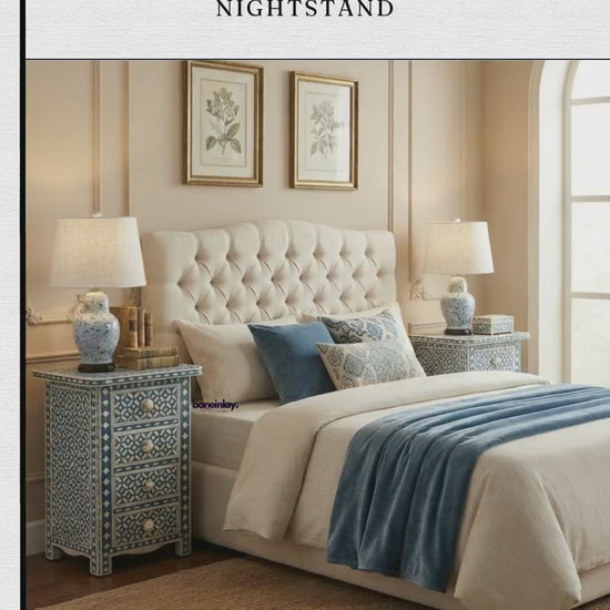 A promotional video showcasing a pair of handmade bone inlay nightstands featuring a blue and white geometric eye pattern. The video highlights the curved, rounded edges, carved floral bone knobs, and four pull-out drawers. Designed as luxury bedside furniture for modern and traditional bedroom décor.