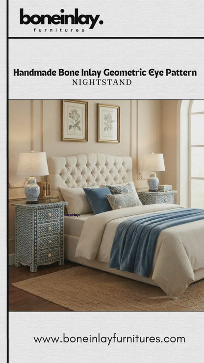 A promotional video showcasing a pair of handmade bone inlay nightstands featuring a blue and white geometric eye pattern. The video highlights the curved, rounded edges, carved floral bone knobs, and four pull-out drawers. Designed as luxury bedside furniture for modern and traditional bedroom décor.