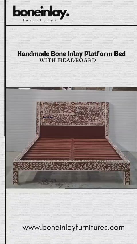 The "Handmade Bone Inlay Platform Bed" is a stunning statement piece, featuring a rich, dark-toned backdrop accented by an intricate, hand-carved white floral vine pattern that runs across the entire headboard and footboard frame. The design seamlessly blends traditional artistry with a clean, contemporary silhouette, creating a luxurious and sophisticated aesthetic. Its sturdy platform construction offers a perfect balance of durability and elegant design, making it a beautiful focal point for any bedroom.