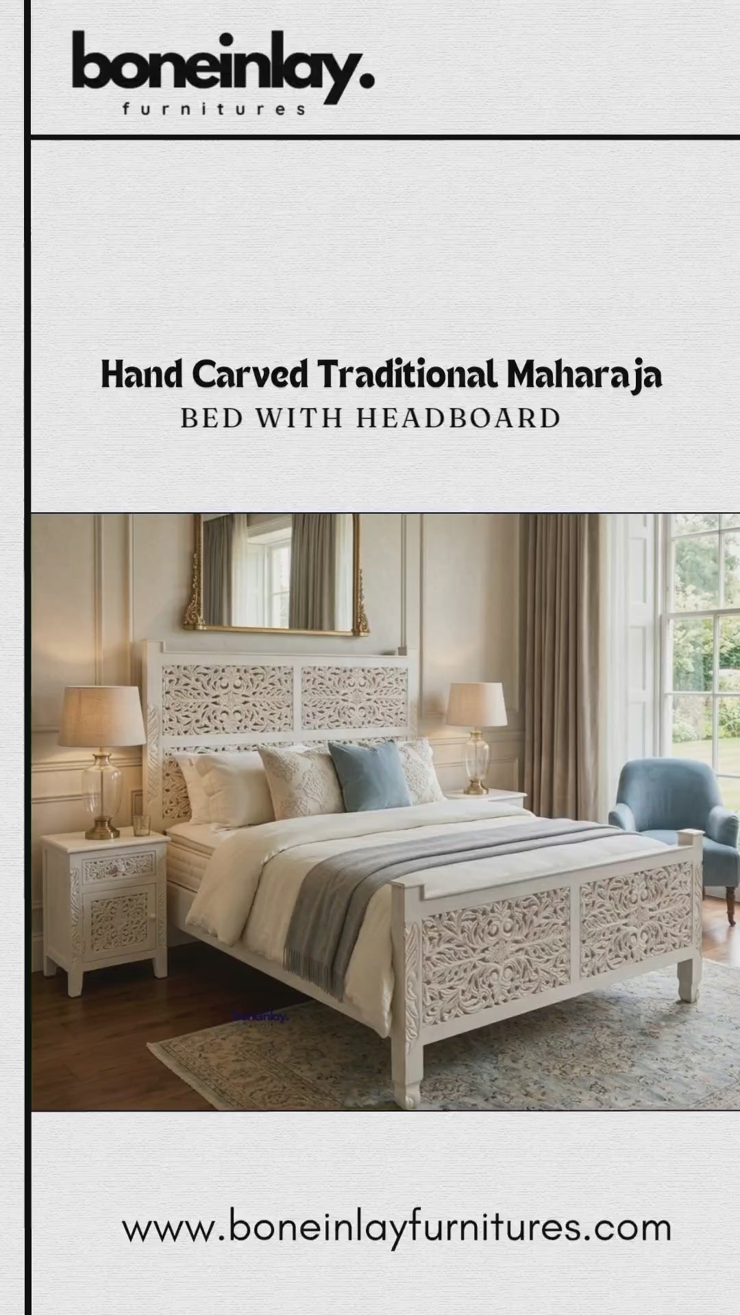 A promotional video showcasing a "Hand Carved Traditional Maharaja Bed with Headboard" from Bone Inlay Furnitures. The white wooden bed frame features intricate floral and geometric open-work carvings on both its tall rectangular headboard and matching footboard. It is shown staged in a modern bedroom setting with neutral tones and outdoor courtyard footage highlighting its unpolished wooden slat foundation.