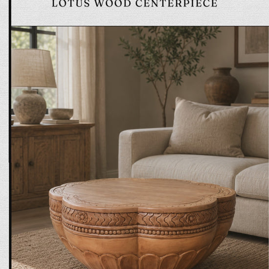 Hand Carved Coffee Table Made From Solid Natural Wood. The Unique Lotus Flower Shaped Design Features A Smooth Flat Top Surface Resting Above An Intricately Carved Base Detailed With Traditional Border Motifs. Finished In A Warm Natural Wood Tone, This Low Profile Centerpiece Perfectly Balances Rustic Charm With Elegant Artistry.