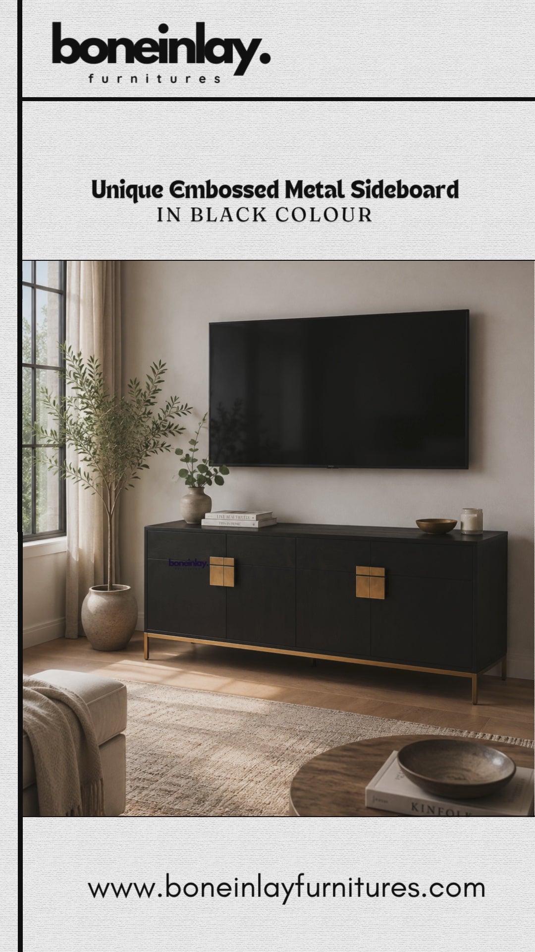 Modern black embossed metal sideboard buffet cabinet featuring sleek textured doors and square gold hardware. Designed as a stylish credenza and accent storage cabinet, this low-profile piece is displayed in a contemporary living room setting beneath a flat-screen TV, offering modern elegance and functional storage with premium brass-toned handles and slim metal legs.