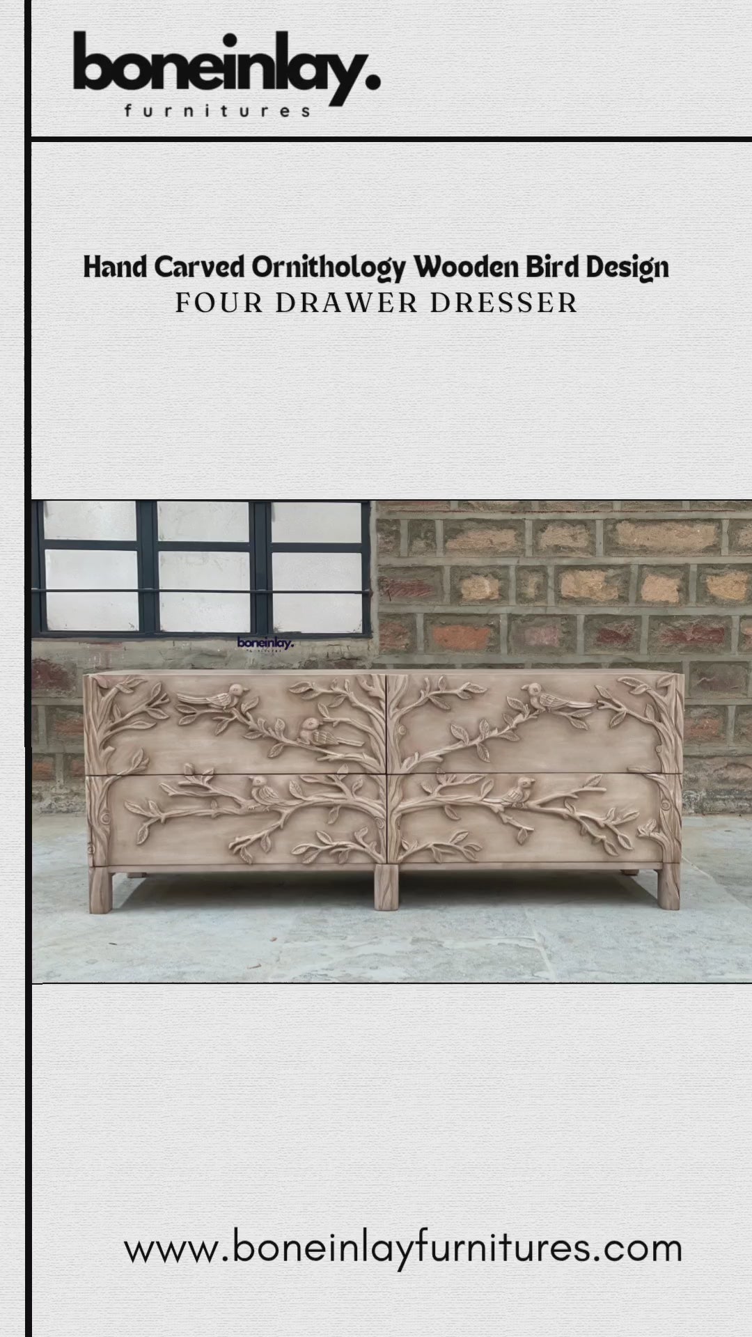 A wide, four-drawer hand-carved wooden dresser with a light natural finish. The entire front is decorated with a deeply textured 3D carving of birds on leafy tree branches. The piece has a contemporary yet rustic aesthetic with clean lines and short, square legs