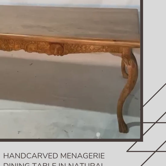 This video presents a magnificent, rectangular dining table that celebrates the raw beauty of solid wood paired with high-artistry carving. Finished in a warm, natural honey tone, this piece brings an organic yet stately presence to any dining room.