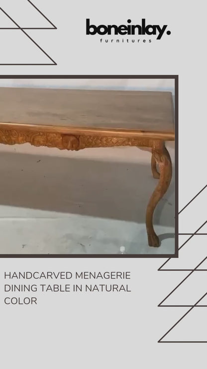 This video presents a magnificent, rectangular dining table that celebrates the raw beauty of solid wood paired with high-artistry carving. Finished in a warm, natural honey tone, this piece brings an organic yet stately presence to any dining room.
