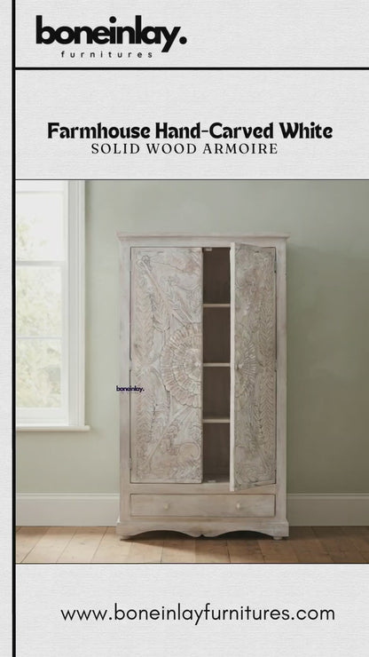 Farmhouse hand-carved white solid wood armoire with botanical design, double doors, and a bottom drawer