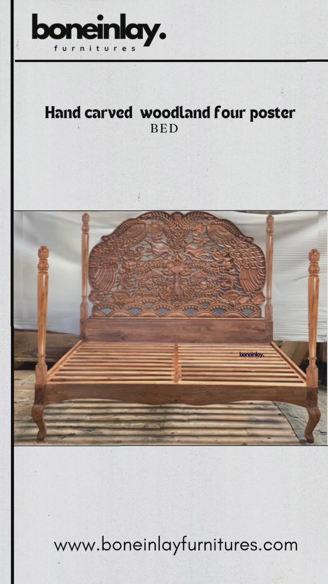 This video presents a custom "Woodland Four Poster Bed," featuring a solid wood frame with a rich, natural finish. The headboard is the centerpiece, boasting intricate, hand-carved floral and nature-inspired motifs that create a grand, statement look. A person's hand touches the tall, smooth corner post to emphasize the bed's stature and robust build, highlighting its blend of traditional artistry and sturdy craftsmanship.
