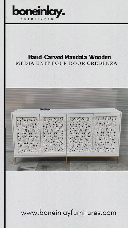 Hand-Carved Mandala Wooden Media Unit Four Door Credenza
