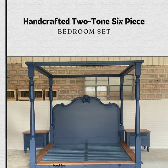 A promotional video showcase for the "Handcrafted Two-Tone Six Piece Bedroom Set" by Boneinlay Furnitures.

It details a deep navy blue wooden four-poster canopy bed with warm natural wood trim paired with matching two-drawer nightstands.

The clip highlights close-ups of the ornate carved headboard, the two-tone wood finishes, and promotional purchasing perks.