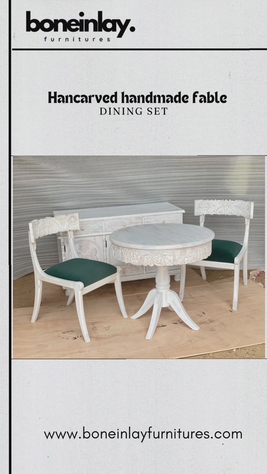 This video showcases a "Handcarved Handmade Fable Dining Set," featuring a round pedestal table, matching chairs with teal upholstered seats, and a coordinating sideboard. The entire set is finished in a distressed white, highlighting the intricate hand-carved floral and architectural details across the table's apron, the chair backrests, and the sideboard doors. Close-ups emphasize the artisanal craftsmanship and the elegant, traditional aesthetic of the collection.