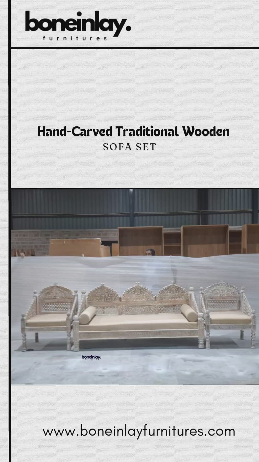 A showcase of the Hand-Carved Maharaja Triple Arch Sofa Set in a stunning distressed white-wash finish. This artisanal collection features a grand three-seater sofa and two matching armchairs, all meticulously hand-carved from premium solid wood. The design is defined by its majestic triple-arched backrests, intricate floral lattice (jali) work, and high-relief botanical carvings. Each piece includes plush, neutral-toned seat cushions and stands on masterfully turned legs with sculptural accents. The video 