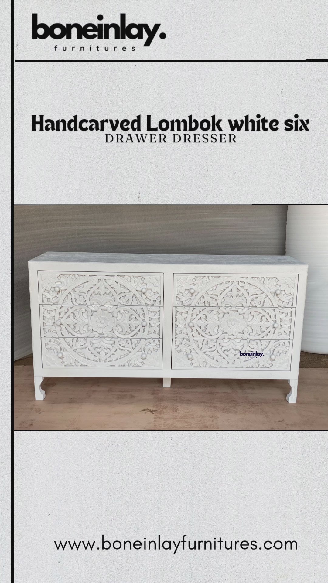 A wide, white-finished wooden dresser featuring six drawers entirely covered in intricate, hand-carved floral and vine motifs. The piece blends traditional craftsmanship with a clean, bohemian aesthetic, supported by four tapered legs. The video highlights the deep texture of the carvings and the smooth, matte surface of the dresser's top.