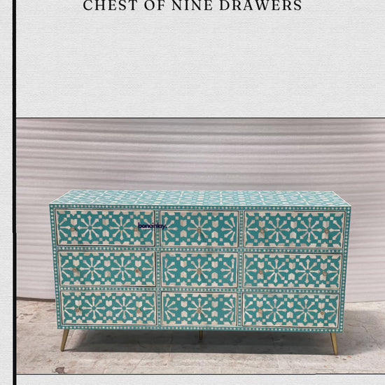 Handmade bone inlay Moroccan nine-drawer dresser in a detailed vertical product video, showing the handcrafted geometric pattern, drawer layout, smooth top, drawer pulls and overall cabinet finish.