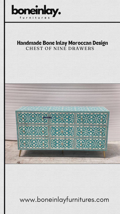 Handmade bone inlay Moroccan nine-drawer dresser in a detailed vertical product video, showing the handcrafted geometric pattern, drawer layout, smooth top, drawer pulls and overall cabinet finish.