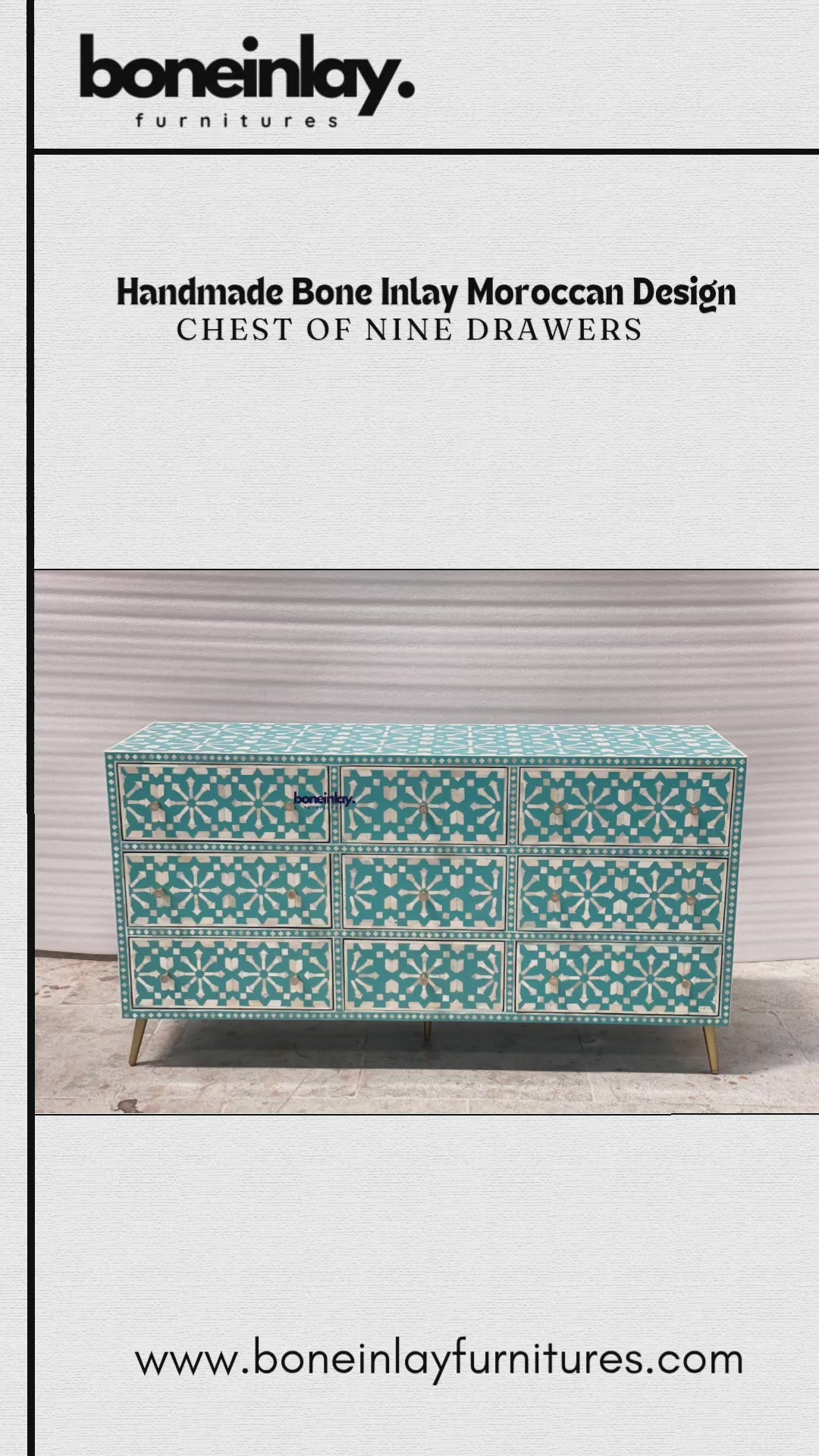 Handmade bone inlay Moroccan nine-drawer dresser in a detailed vertical product video, showing the handcrafted geometric pattern, drawer layout, smooth top, drawer pulls and overall cabinet finish.