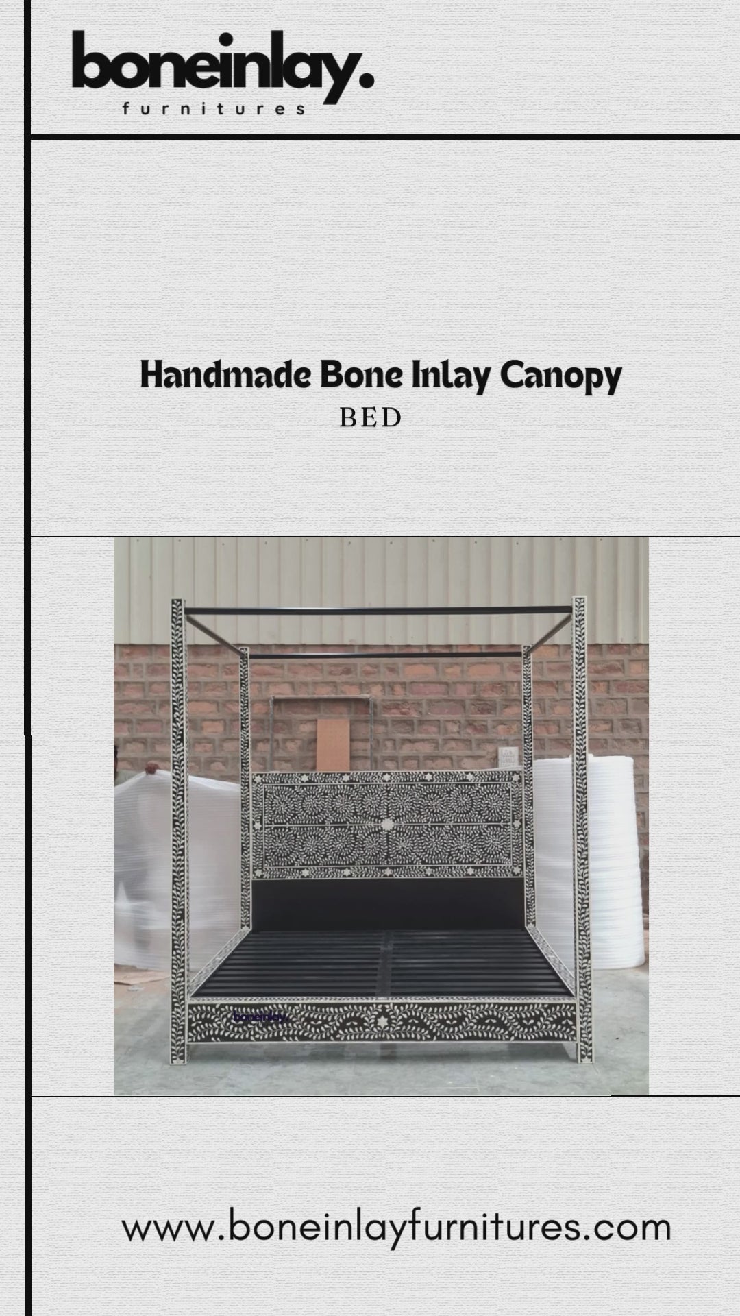 This "Handmade Bone Inlay Canopy Bed" features a striking black frame meticulously covered in an intricate white leaf and vine bone inlay pattern. The bed combines a detailed, matching inlaid headboard panel with a grand, structured four-poster silhouette, creating a dramatic and elegant focal point for a master bedroom. The video displays the bed from multiple angles, highlighting the rich contrast and exceptional artisanal craftsmanship of the design.