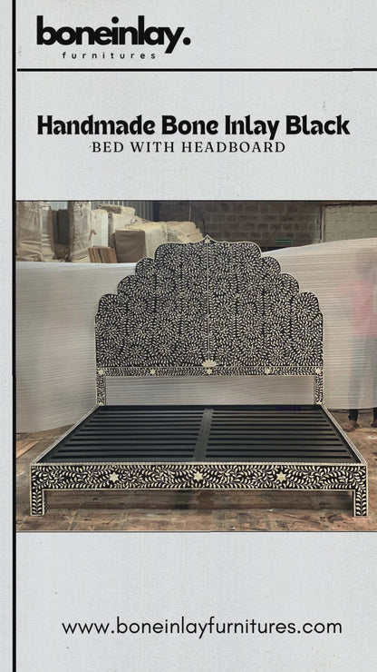 Handmade Indian Traditional Black Intricate Bone Inlay Bed