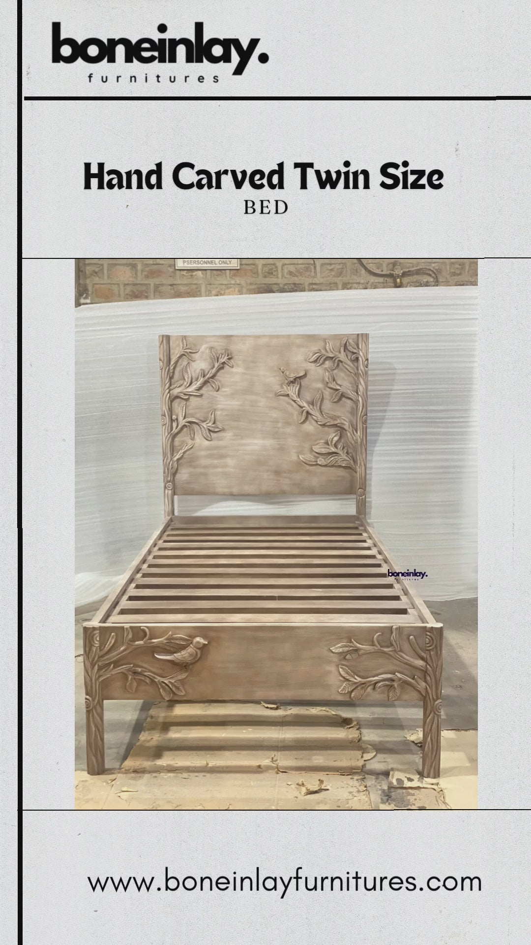 This video showcases a twin-size bed frame meticulously hand-carved with a detailed "Ornithology" theme, featuring birds perched among graceful tree branches on both the headboard and footboard. The solid wood frame has a soft, weathered finish that highlights the depth of the artisanal carvings and the organic wood grain. The camera pans across the sturdy slatted base and provides close-up views of the intricate wildlife motifs, emphasizing the blend of nature-inspired art and functional furniture design.