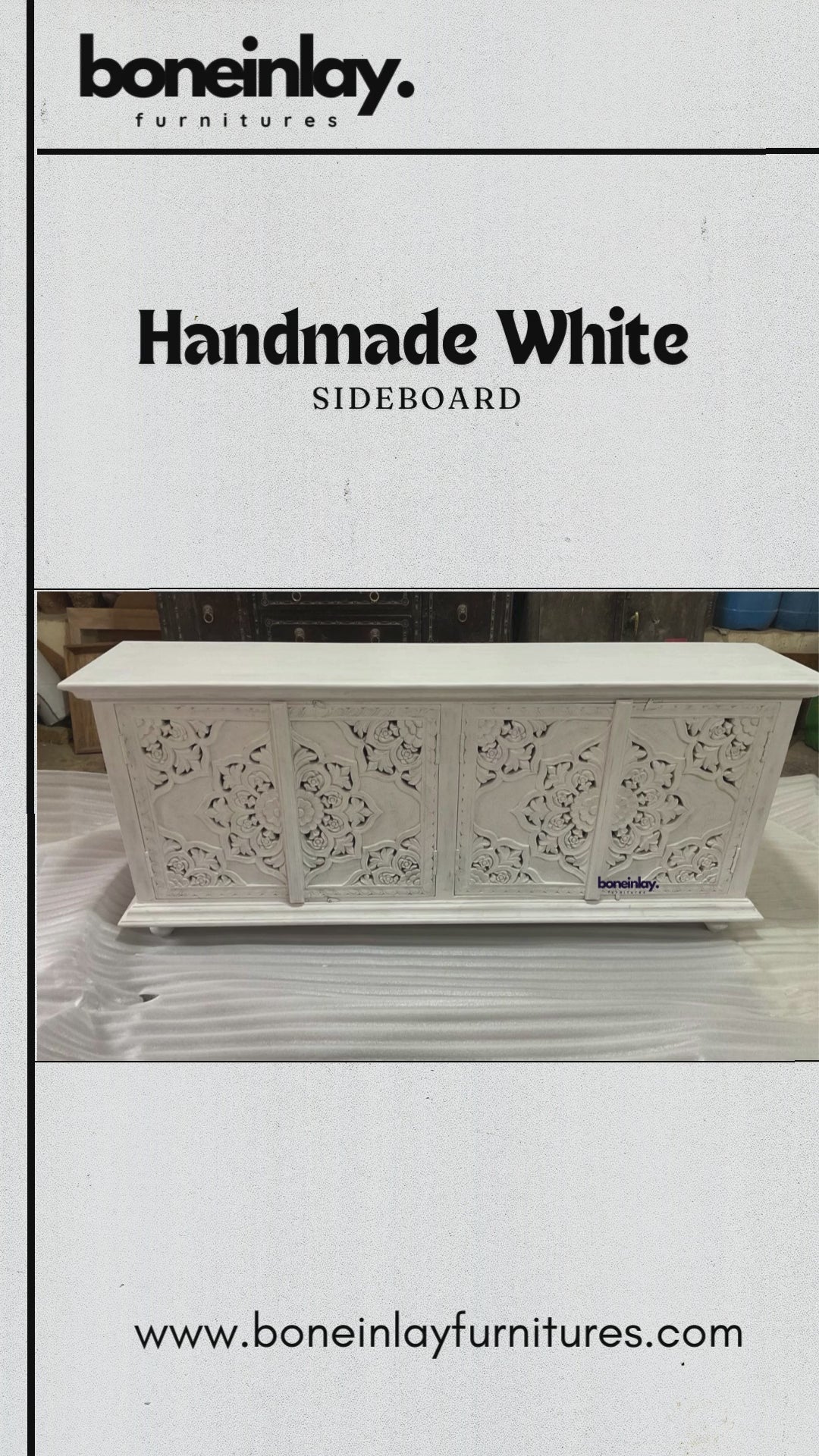 This video features a "Handmade White Sideboard" meticulously crafted from solid wood with a clean, matte white finish. The camera provides close-up views of the four cabinet doors, which are adorned with elaborate, hand-carved floral and mandala-inspired patterns. The smooth, spacious tabletop and seamless artisanal details highlight the piece's blend of traditional craftsmanship and modern functional design.